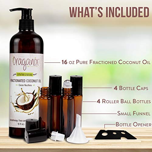 Oraganix-Fractionated-Coconut-Oil-with-Roller-Bottles-100-Pure-Natural-16-Oz-Coconut-Oil-10ml-Essential-Oil-Roller-Bottles-Caps-Funnel-and-Bottle-Opener-for-Massage-Oil-Skin-and-Hair-Care version 1.0.0