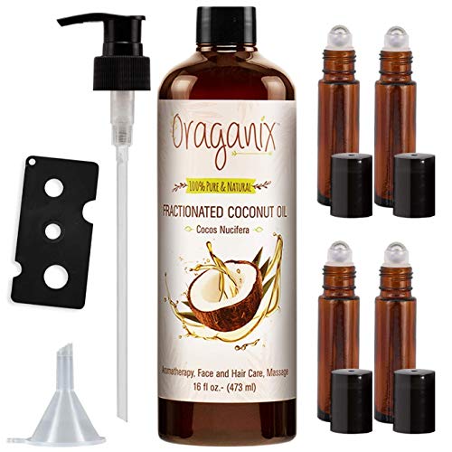 Oraganix-Fractionated-Coconut-Oil-with-Roller-Bottles-100-Pure-Natural-16-Oz-Coconut-Oil-10ml-Essential-Oil-Roller-Bottles-Caps-Funnel-and-Bottle-Opener-for-Massage-Oil-Skin-and-Hair-Care version 1.0.0
